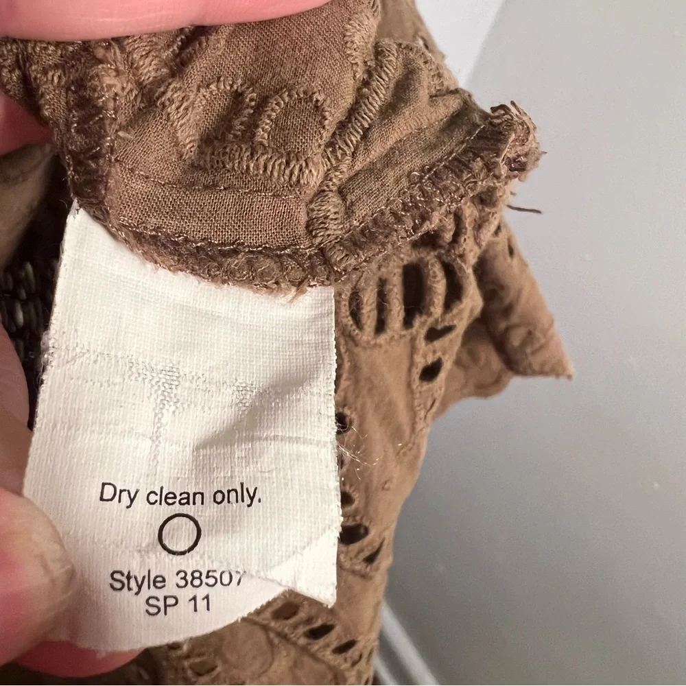 J. Crew Women's Sz 0 Delaney Eyelet-Trim Shirt Spiced Olive Green Tan Collarless